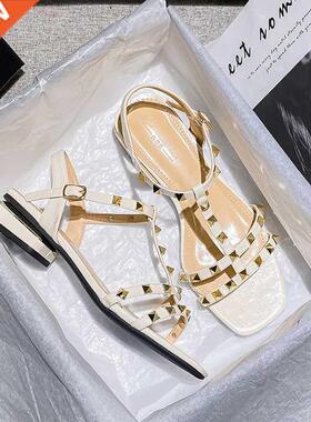 2022 Summer low heel women rivets sandals thin ribbon fashio