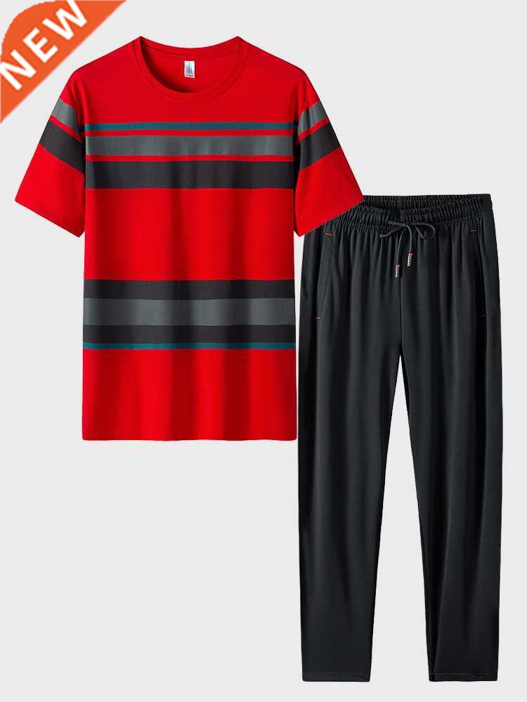 Summer Men's Striped Sets 2 Piece T-shirts+Pants Sportswear