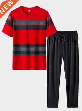 Summer Men's Striped Sets 2 Piece T-shirts+Pants Sportswear