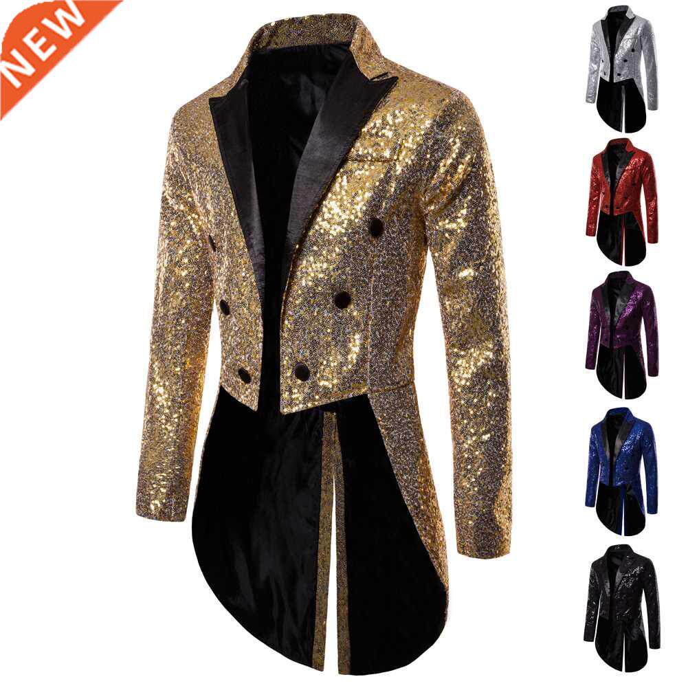 Shiny Gold Sequins Glitter Tailcoat Suit Jacket Male Double - 实物图