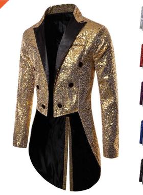 Shiny Gold Sequins Glitter Tailcoat Suit Jacket Male Double