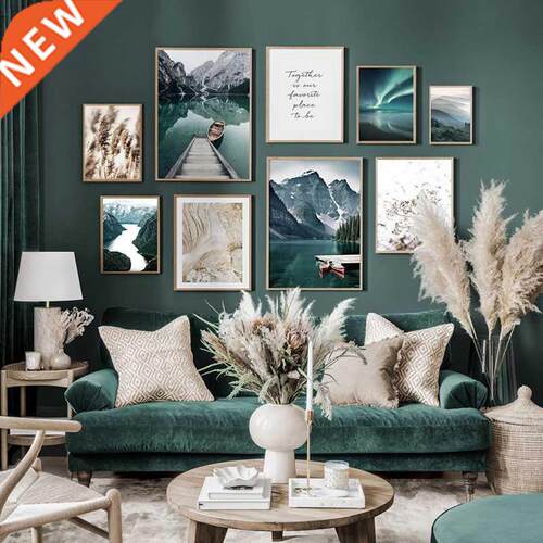 Scandinavian Travel Landscape Painting Mountain Boat Grass