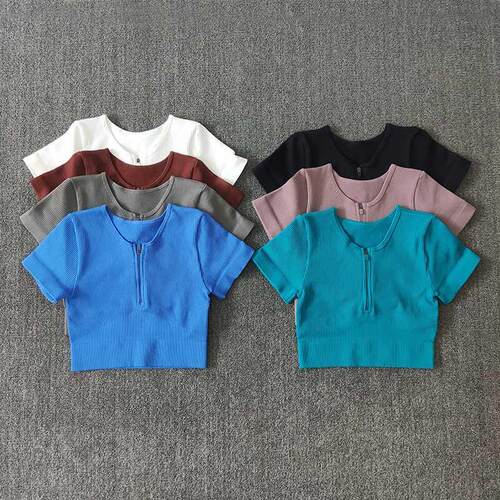 Seamless Yoga Shirts Zipper Short Sleeve Workout Tops Women