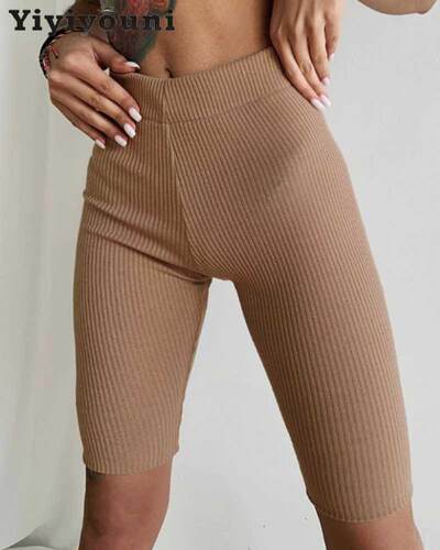 Yiyiyouni Elastic High Waist Knitted Skinny Shorts Women Sum