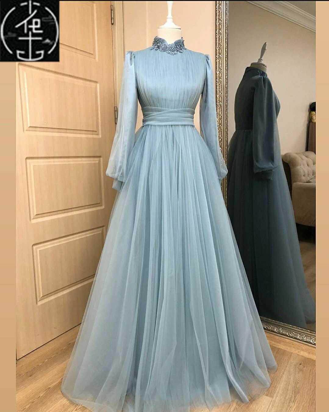 lightbluetullelongsleevepromdresseshighneck晚礼服