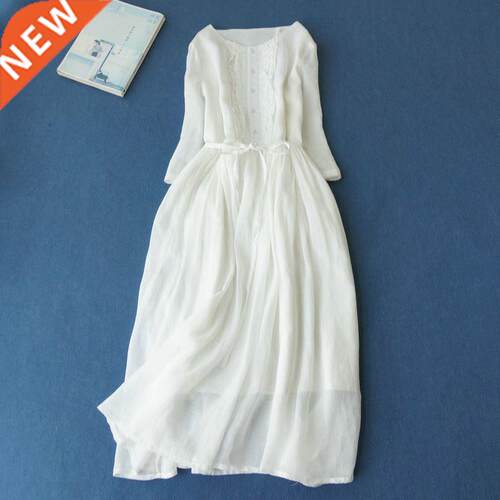 2022 Summer Vintage Natural Cotton Linen Dress Women Robe Fe