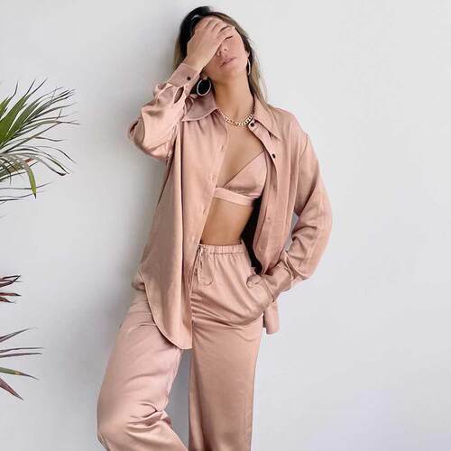 Restve Satin Pajaas For Woen 3 Piece Set Turn Down Collar