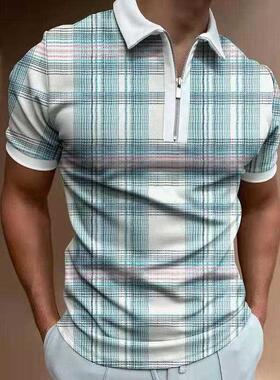 2021 Summer Chic Plaid Casual Mens Short Sleeve Polo Shirts
