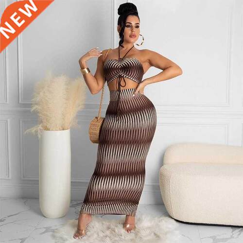 sexy halter top maxi dress suit性感小背心修身包臀半身裙套装