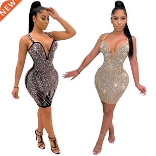 Autumn/winter sexy hot drill V-neck nightclub party dress裙