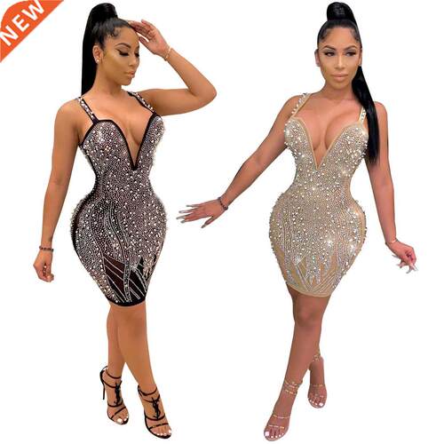 Autumn/winter sexy hot drill V-neck nightclub party dress裙