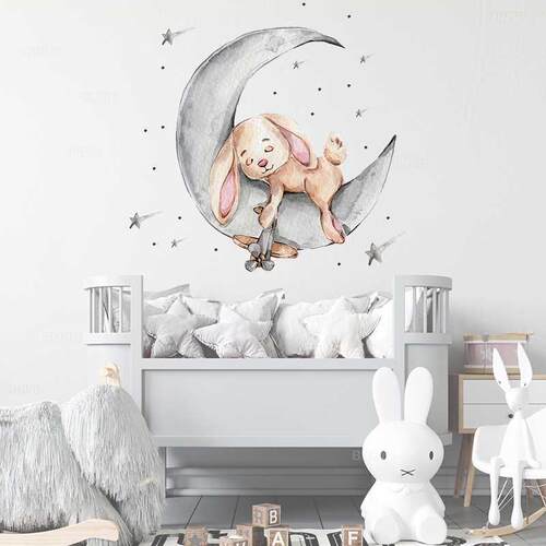 Cartoon Bunny Bear Sleeping on the Moon and Stars Wall Stick