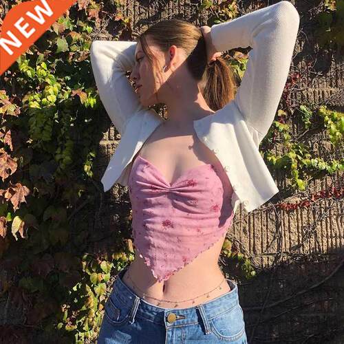 Pink Cute Mesh Halter s Women Flower Print Y2K Aesthetic