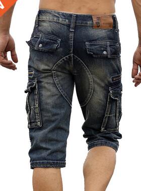 Mcikkny Vintage Men's Fashion Cargo Denim Shorts With Multi