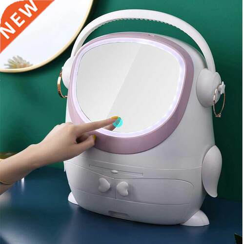 Desktop Cosmetic Storage Box With Mirror Led Light Makeup Je