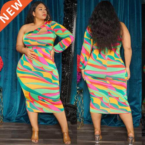 5XL lge size fat MM lady printed one shoulder dress大码