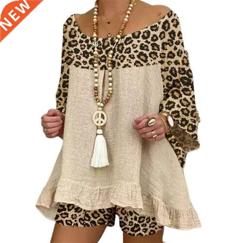 Summer Two Pieces Shorts Set Women Outfit Flare Sleeve Leopa
