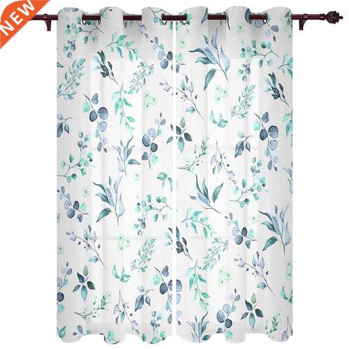 Watercolor Flowers And Leaves Blue Green Window Curtains