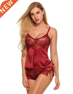 BKLD Ladies Sexy Sheer Lace Satin Nightwear Pajama Two Piece