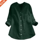 Linen Casual Blouses Button Sleeve Cotton Long Women Solid