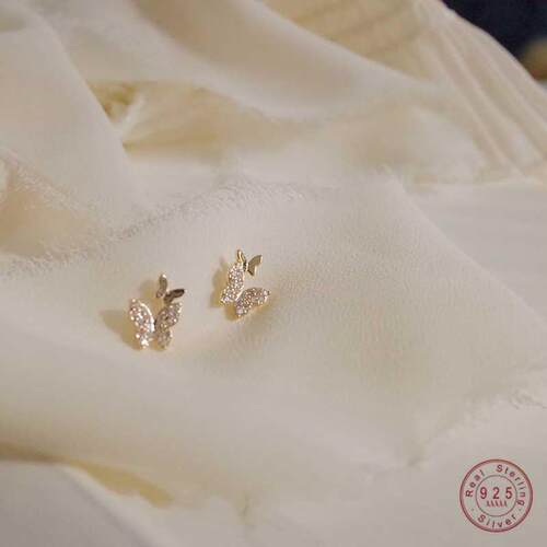925 Sterling Silver Pavé Zircon Shiny Butterfly Stud Earrin