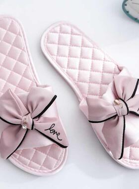 Women Indoor Silk Slippers Butterfly-knot Bowtie Light Comfy