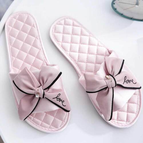 Women Indoor Silk Slippers Butterfly-knot Bowtie Light Comfy