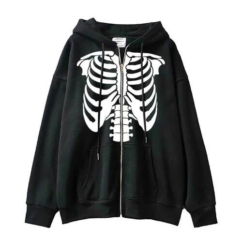 Skeleton Zipper Hoodie Y2K Harajuku Long Sleeve Sweatshirt S
