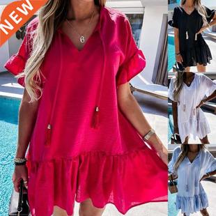 New V-neck short-sleeved European and American pleated dress