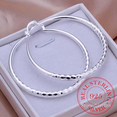 925 Sterling Silver Hip Hop Round Earrings for Women Large C