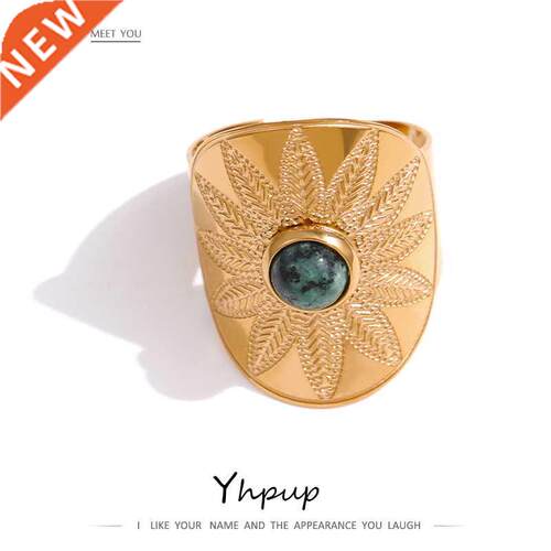 Yhpup Stainless Steel Flower Leaves Ring for Women Green Nat