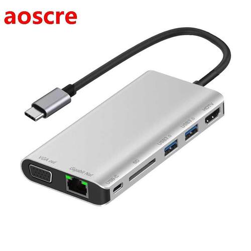 USB C HUB Type-C to Rj45 Lan 4K HDMI VGA 2USB 3.0 Sd Card Sl