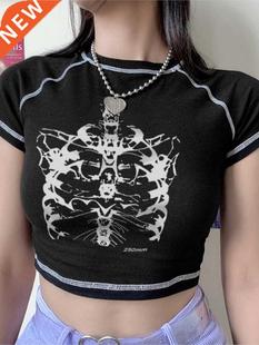 Aesthetic skeleton women's T-shirt Harajuku Y2K black sweet