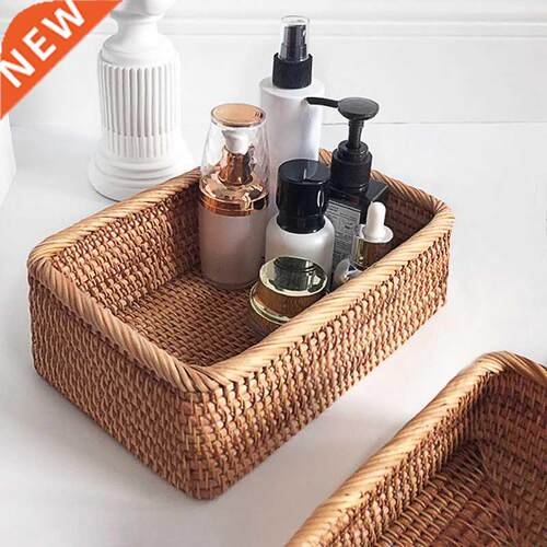 Hand-Woven Rectangular Rattan Wicker Basket Fruit Tea Snack