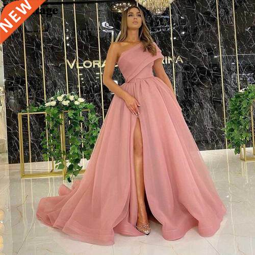 Sevintage Pink One Shoulder Prom Party Gowns High Slit A Lin