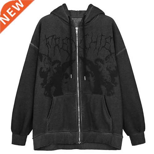 Punk Men Hip Hop Setwear Hooded Jacket Angel Dark Print Jack