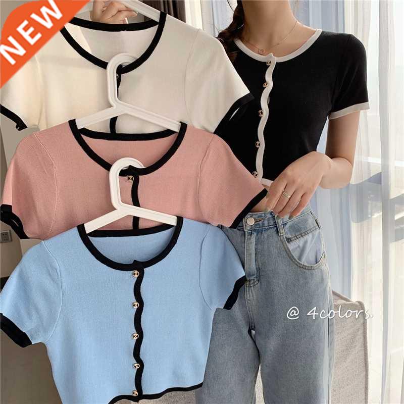 Women Patched O-Neck Knitted Short Sleeve Cropped Slim Sweat