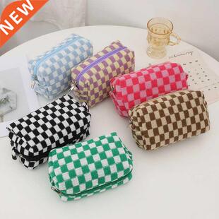 Checkerboard Lattice Makeup Bag Knitted Fabric Women Cosmeti