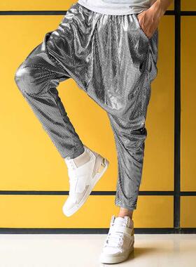 Male Female personality silver big crotch trousers stage per