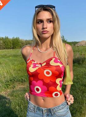 Bomblook 2021 Y2K Kawaii Flower Printing V-Neck Lace-Up Mid