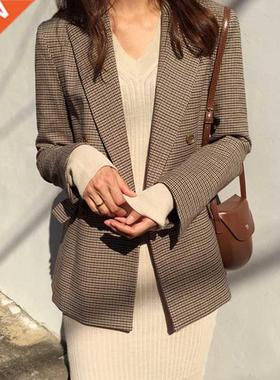 Vintage Double Breasted Office Ladies Plaid Blazer Long Loos