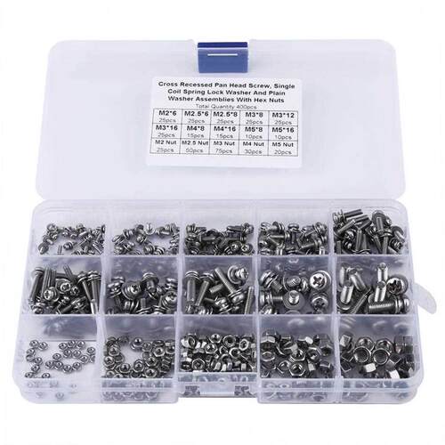 400pcs M2 M2.5 M M4 M5 Screws Nuts And Washer Kit Cross Pan