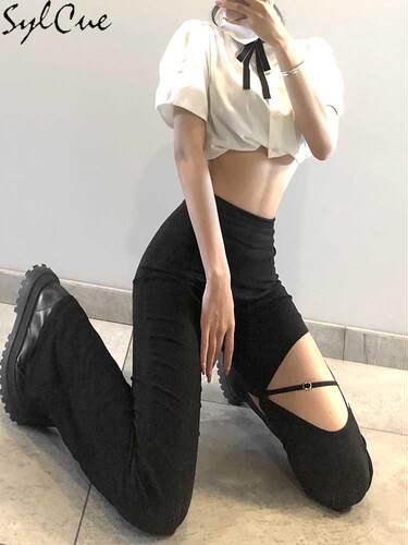 Sylcue Summer High Sreet Style Small High-Waisted Flared Tro