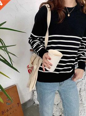 Sueters De Mujer Black And White Striped O-Collar Pullover V