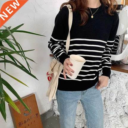 Sueters De Mujer Black And White Striped O-Collar Pullover V