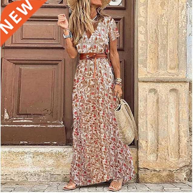 Womens Floral Vintage Boho Long Dress Print V-Neck Short Sle