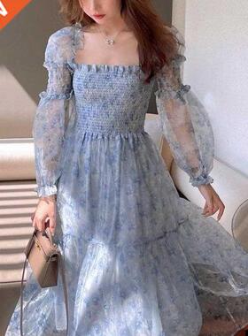 2021 Summer Lace Elegant Midi Dress Women Puff Sleeve Square