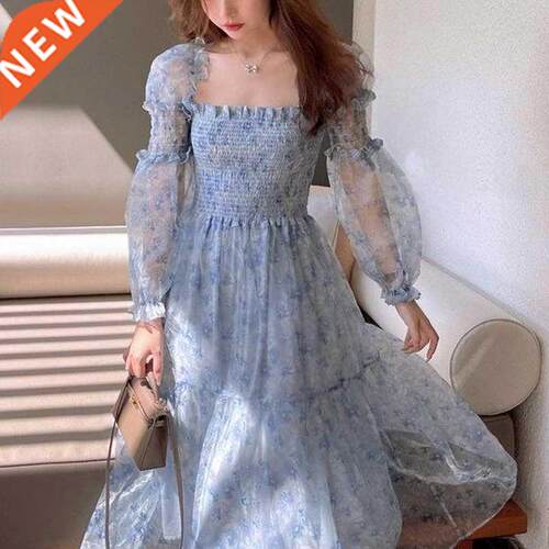 2021 Summer Lace Elegant Midi Dress Women Puff Sleeve Square