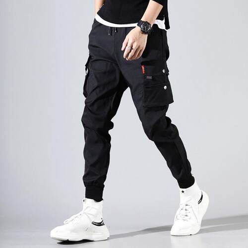 Cargo Pants Men Solid Color Black Loose Casual Jogger Pocket