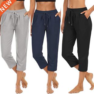 Solid Color Capri Pants Women Drawstring High Waist Capri Pa